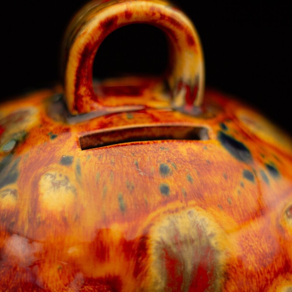 Vintage Handcrafted Ceramic Piggy Bank With Handle and Abstract Glaze Design - Picture 2 of 11
